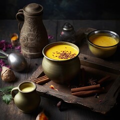 Obraz na płótnie Canvas Revive Your Health with Traditional Indian Ayurvedic Golden Milk - Turmeric Latte: Generative AI