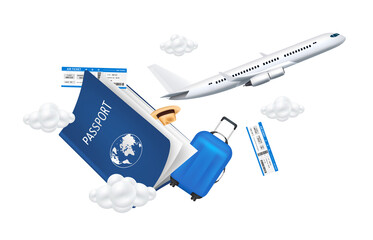 Luggage blue, air ticket float away from smartphone with airplane is taking off and cloud. Can for making advertising media about tourism. Travel transport concept. 3D file PNG illustration. - obrazy, fototapety, plakaty
