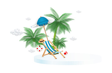 Deck chair sitting beach umbrella and coconut tree on white podium. Banner for making tourism. Travel summer vacation concept. 3D file PNG.