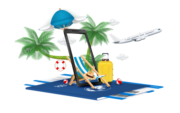 Deck chair sitting beach umbrella in smartphone and coconut tree with travel suitcase on passport air ticket. Airplane float away. Summer vacation concept. 3D file PNG illustration.