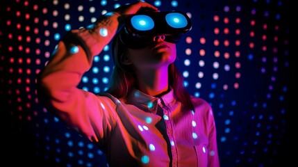 Obraz na płótnie Canvas A young woman wearing a VR headset, fully immersed in a virtual reality experience, showcasing the future of entertainment, gaming, and interactive technology. Generative AI