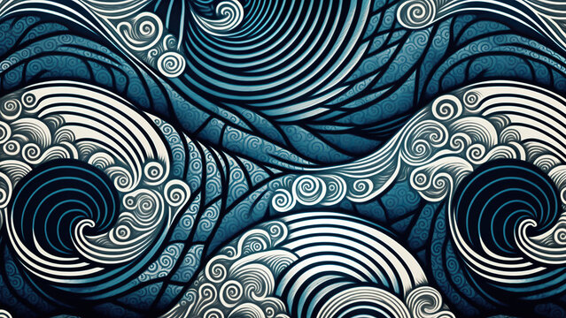 Blue Flow Pattern with Japanese Wave Motifs in Repeating Style. Generative AI