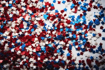 4th of july American Independence Day, red white and blue stars confetti, decorations on pastel blue background. Flat lay, top view