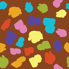 Vector repeat pattern of Art Tools in a fun, colorful design. Spilled blobs of paint in an abstract pattern on a rich red brown make up the design.