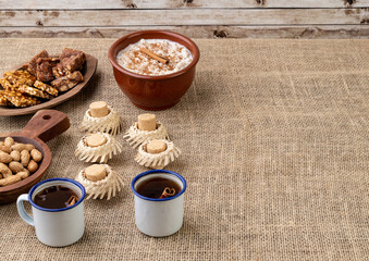 Typical brazilian june festival food over jute fabric. Festa junina with copy space