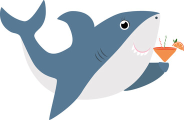 Vector illustration of shark character with Aperol cocktail in cartoon style