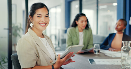 Business, woman and portrait with tablet in office for online planning, strategy and smile. Female...