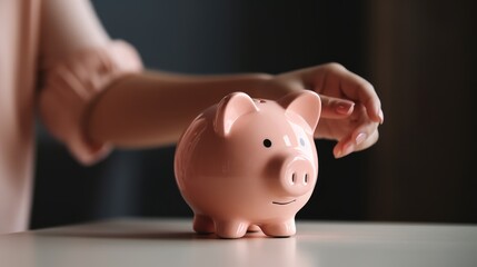 A person's hand touches a piggy bank. Business and Finance concept. AI generated