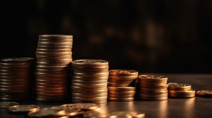 Stacks of coins on the table on a black background. Savings concept. AI generated