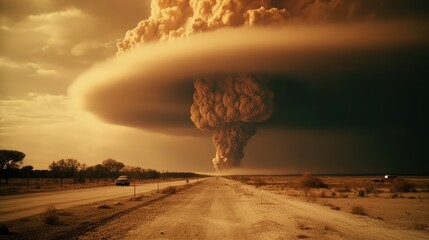 Nuclear explosion. Atom bomb explosion and mushroom cloud exploding. AI generated