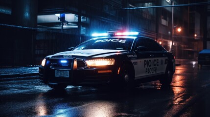 Fototapeta na wymiar Police car at night, close-up. Flashing beacons enabled. AI generated