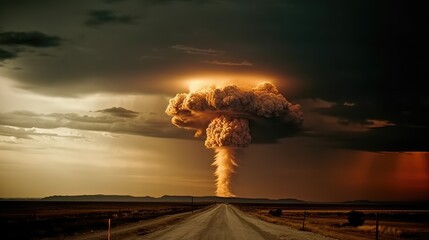 Nuclear explosion. Atom bomb explosion and mushroom cloud exploding. AI generated