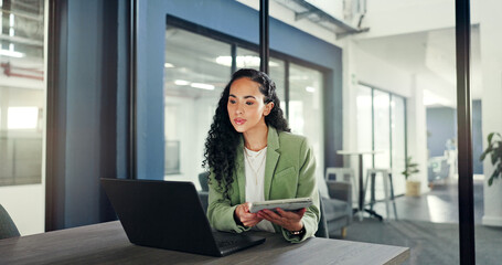 Reading tablet report, laptop and woman thinking of financial portfolio review, stock market...