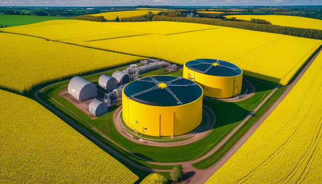 Erneuerbare Energien aus Biogasanlage, Luftansicht Biogasanlage von oben, gelbes Rapsfeld drumherum aus der Luft, Generative AI 