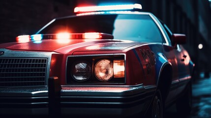 Fototapeta premium Hood of a police car at night, close-up. Flashing beacons enabled. AI generated