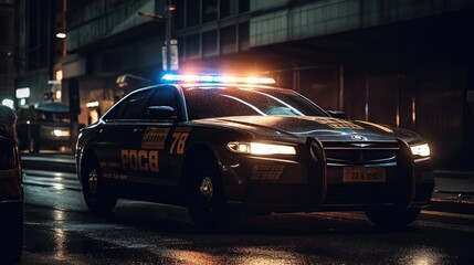 Fototapeta na wymiar A police car with flashing lights on a dark street. AI generated