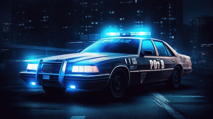 A police car with blue flashing lights on a dark street. AI generated