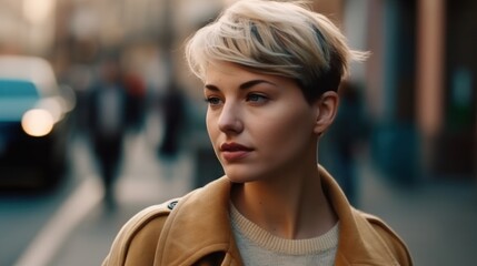 Stylish pretty woman in walking down the street. Generative AI 