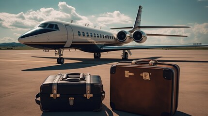 The plane and suitcases are on the runway. The concept of rest and travel. AI generated