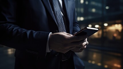 Businessman in a suit holding a phone, close-up. Business and work concept. AI generated