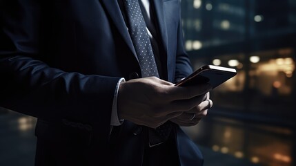 Obraz premium Businessman in a suit holding a phone, close-up. Business and work concept. AI generated