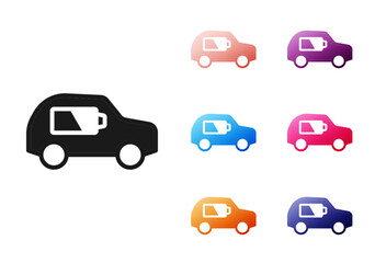 Obraz premium Black Electric car and electrical cable plug charging icon isolated on white background. Renewable eco technologies. Set icons colorful. Vector