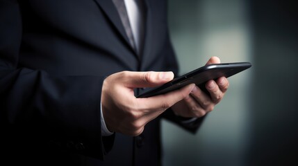 Businessman prints message sms in his phone, close-up. Business and work concept. AI generated