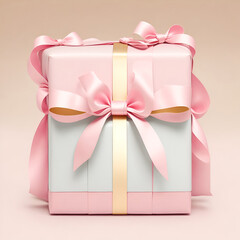 Pink paper and ribbon wrapped present. Generative AI
