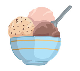 Ice cream balls in bowl clipart. Doodle of summer sweet food isolated on white. Colored vector illustration in cartoon style.