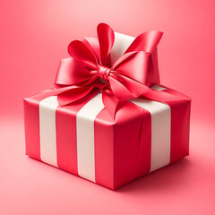 Red paper and ribbon wrapped present. Generative AI