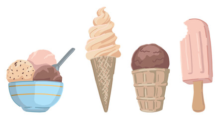Ice cream doodles collection. Cartoon vector illustrations of summer dessert. Colored clip-arts isolated on white background.