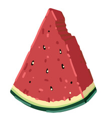 Bitten slice of watermelon clipart. Sweet fresh tropical fruit doodle isolated on white. Colored vector illustration in cartoon style.