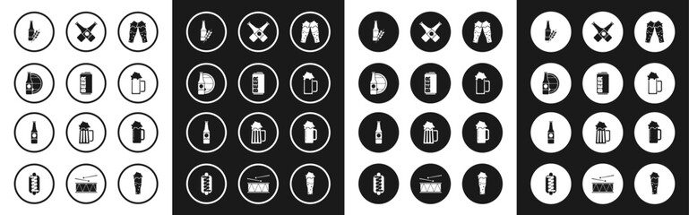 Set Glass of beer, Beer can, bottle and wooden barrel, Crossed, and icon. Vector