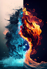 Collision of two elements - water and fire. Genarated AI