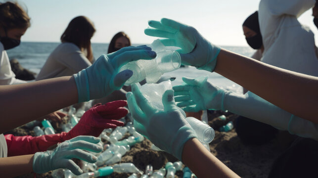 Volunteers wearing protective gloves cleaning the beach picking up discarded plastic bottles. Generative AI
