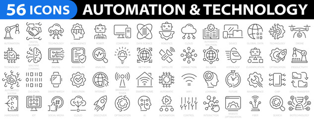 Fototapeta na wymiar Automation & Technology 56 icon set. Machine learning line icons. Robotics, iot, biometric, device, chip, robot, cloud computing and automation icon. Vector illustration.