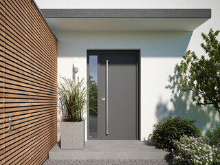 Moderne Eingangstür mit Fahrradgarage aus Holz - 596736308