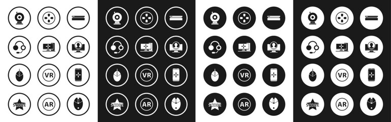 Set Video game console, Computer monitor, Headphones, Web camera, Create account screen, Gamepad, Smartphone and playing in and mouse gaming icon. Vector