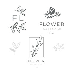 Vector elegant logos design templates set in trendy linear style. Emblems for floral shop or studio, wedding florist