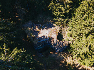 A hidden ruins of the concrete bunker in forest. Orlicke hory, Czech republic.