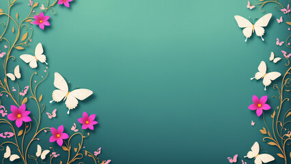 AI generated illustration of a frame made by flowers and butterflies with copyspace for your text