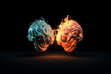 A 3D model of a brain was burning on fire, with flames and sparks in the air, against a black background. generative AI.