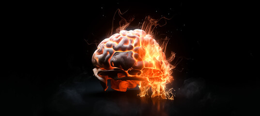 A 3D model of a brain was burning on fire, with flames and sparks in the air, against a black background. generative AI.