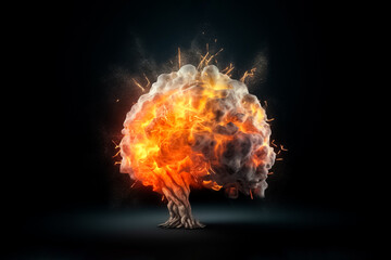 The 3D model of a brain was set ablaze like a bomb exploding on a black background, with flames and sparks shooting out in all directions. generative AI.