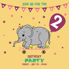 children's birthday invitation template with elephant, cute baby girl kids party invitation, birthday invitation, 2 years, join us for the birthday party, baby shower