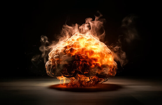 The 3D model of a brain was set ablaze like a bomb exploding on a black background, with flames and sparks shooting out in all directions. generative AI.
