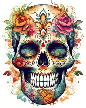 Day of the Dead Sugar Skull - illustration of skull and flowers - dia de los muertos, Generative AI