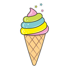 Ice cream is a sweet dessert. Color isolated vector illustration in cartoon style.
