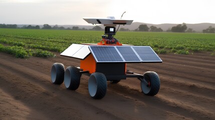 A solar-powered agriculture robot working in the field. Integration of renewable energy and advanced technology to improve efficiency and sustainability practices in modern farming. Generative AI