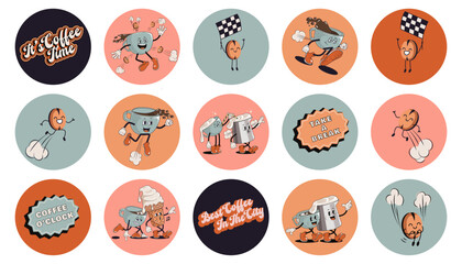 Coffee retro cartoon fast food stickers. Comic character, slogan, quotes and other elements for burger bar, cafe, restaurant. Groovy funky vector illustration in trendy retro cartoon style.